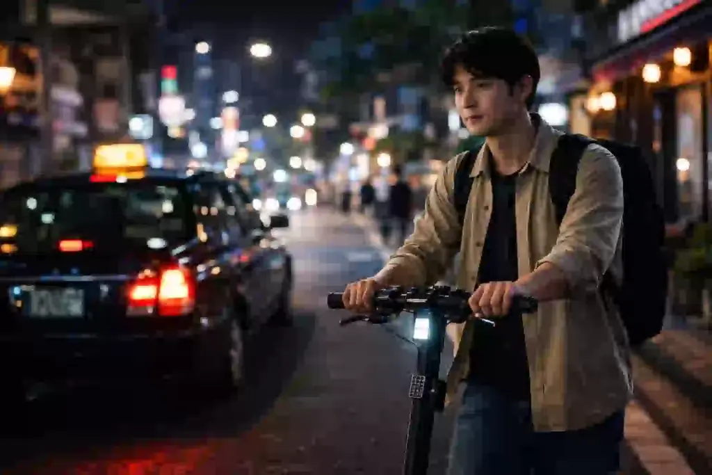 夜間にタクシーが捕まらず、電動キックボードを利用するイメージ