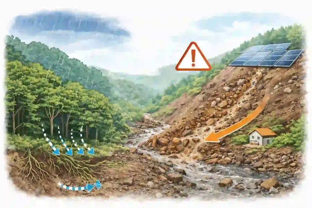 大雨時に心配されるメガソーラー周辺の土砂災害リスク