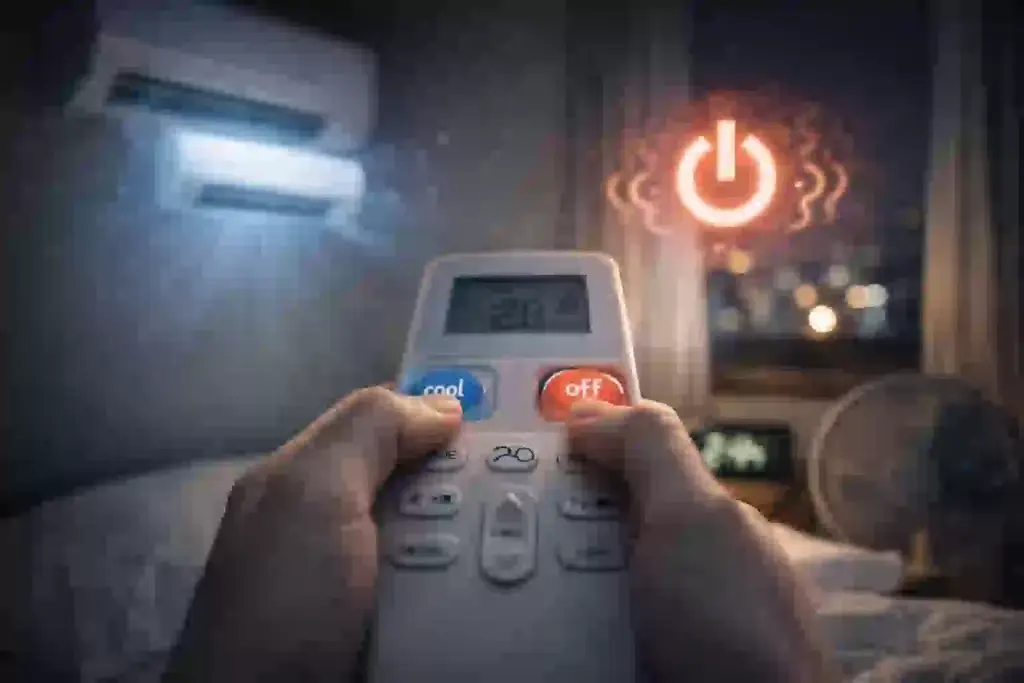 暑くて寝れない夜に、エアコンを使うか我慢するか迷う気持ちを整理した図