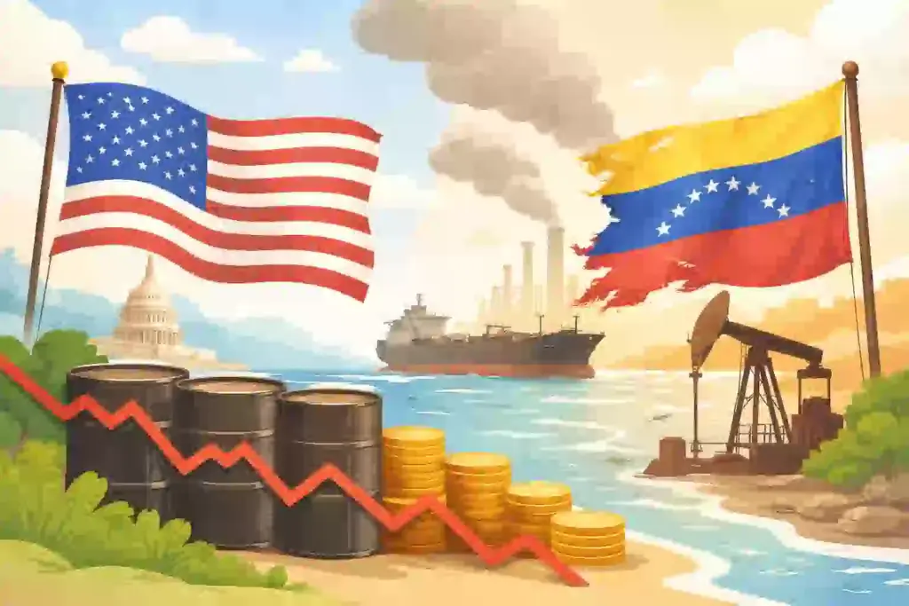 アメリカとベネズエラの原油取引と米国制裁の関係を示す国際エネルギー情勢のイメージ 
