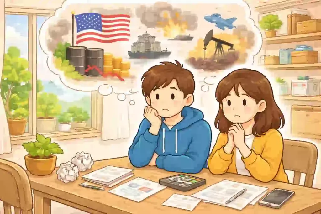 国際ニュースに不安を感じながらも、気持ちを整理しようと立ち止まる生活者の心情を表すイメージ