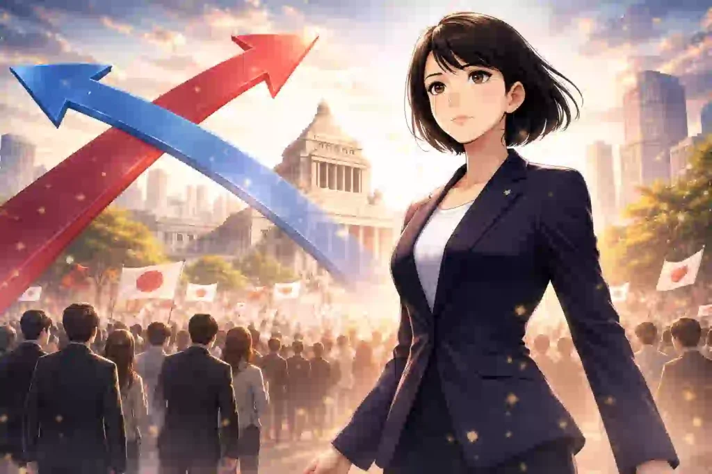 高市総理の解散総選挙判断を、財政方針の転換と民主主義の観点から整理した図