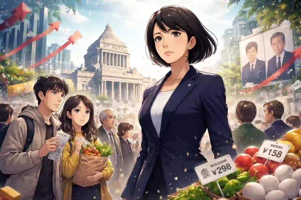 物価高が続く生活の中で、解散総選挙の影響を不安に感じる国民の視点を表した図