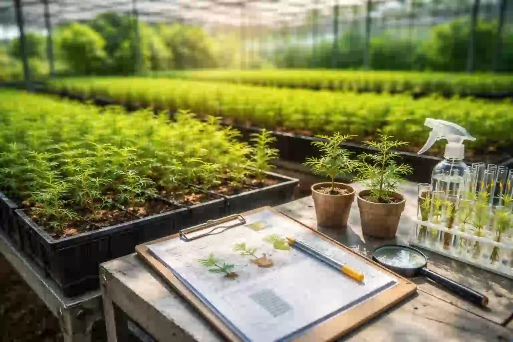 苗木が整然と並ぶスギの育苗施設