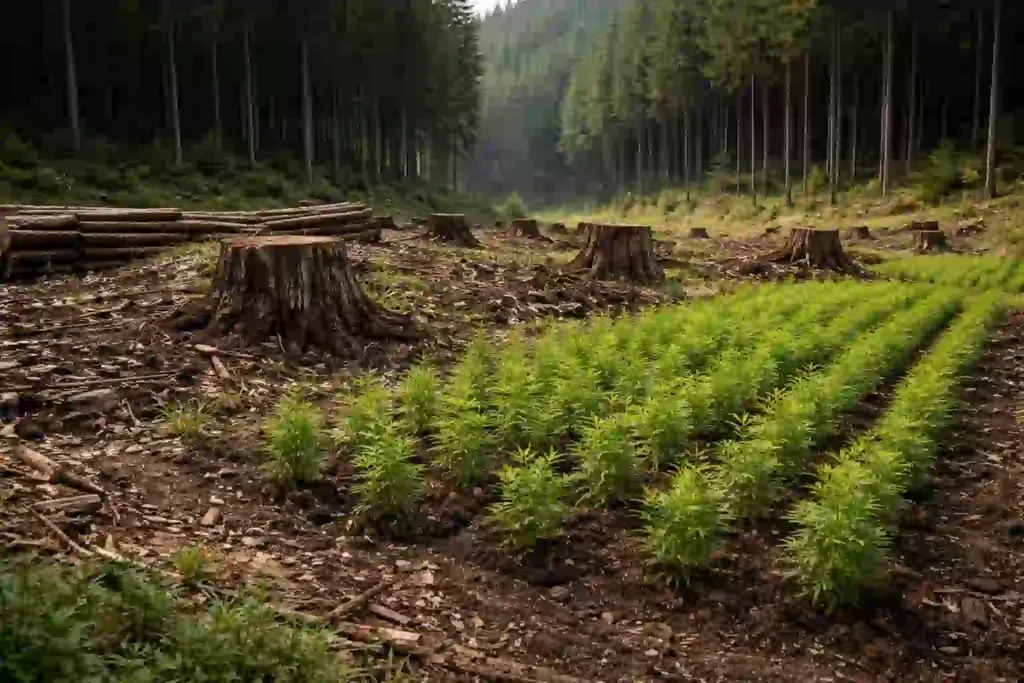 伐採後のスギ林に植えられた若い苗木と更新の風景