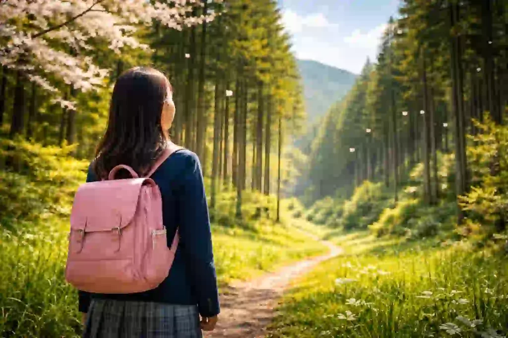 若木と成木が混在するスギ林に差し込む光