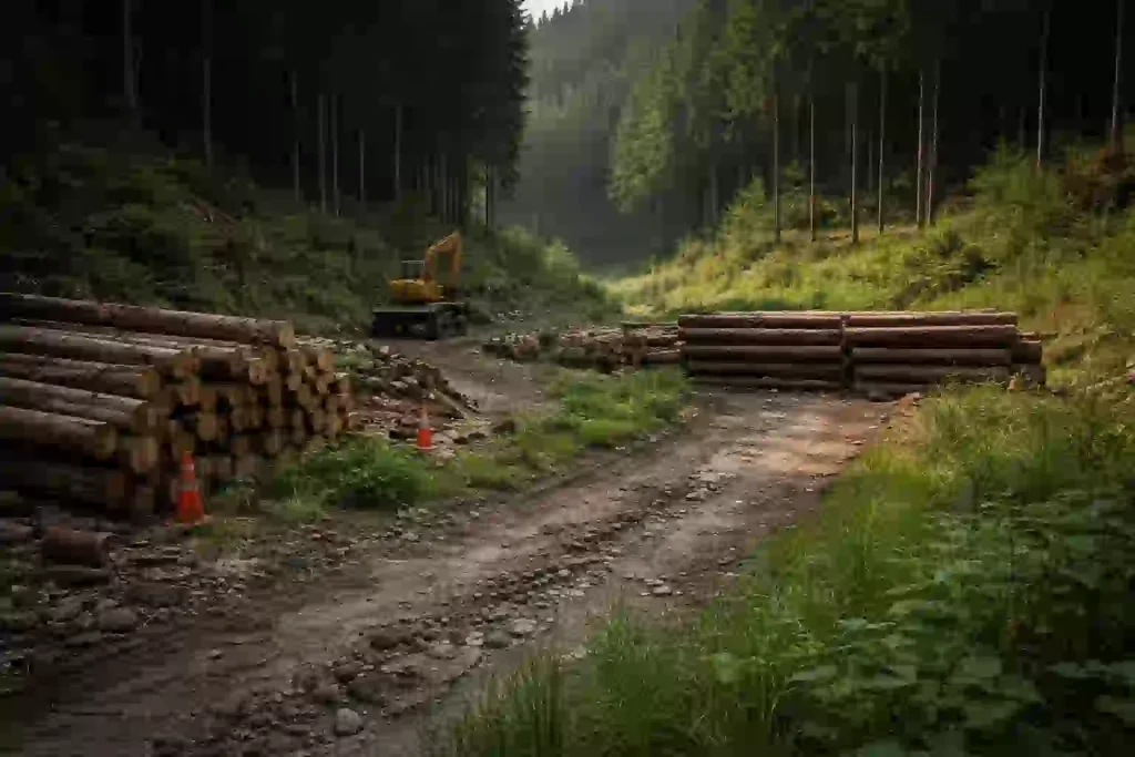 スギ林の伐採現場と植え替え作業の様子